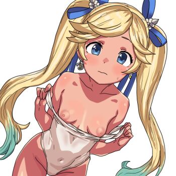 blue_ribbon blush breasts clothes_pull dark-skinned_female dark_skin granblue_fantasy io_(granblue_fantasy) loli looking_at_viewer one-piece_swimsuit one-piece_swimsuit_pull pulling_own_clothes ribbon small_breasts swimsuit twintails usavivi777 white_one-piece_swimsuit