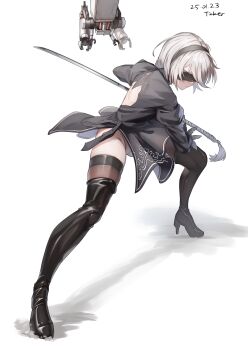 1girl 2b_(nier:automata) android artist_name black_boots black_dress black_hairband black_shirt black_shoes black_sleeves blindfold boots claws closed_mouth dated dress fighting_stance floating full_body hairband high_heel_boots high_heels highres holding holding_sword holding_weapon legs_apart long_sleeves medium_hair nier:automata nier_(series) panties pantyshot pod_(nier:automata) ready_to_draw shadow shirt shoes solo_focus sword thigh_boots thigh_strap thighs ticker_(kks2ksy) twisted_torso underwear weapon white_background white_hair white_panties
