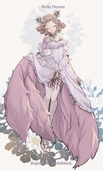 1girl brown_hair character_name closed_eyes clothes_pull corset daisy_(flower) dress dress_pull drill_hair earrings floral_print flower full_body gold_choker head_chain head_tilt highres identity_v jewel_under_eye jewelry lace lace_thighhighs light_smile lugh mary_(identity_v) mary_(lady_bella)_(identity_v) medium_hair off_shoulder official_alternate_costume solo thighhighs white_corset white_dress white_thighhighs