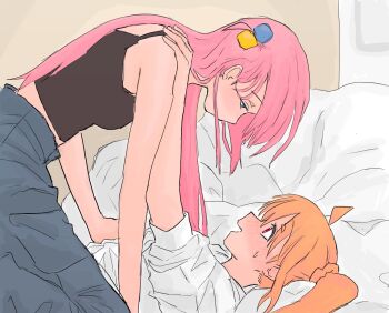 2girls ahoge black_tank_top blonde_hair blue_eyes blue_pants blush bocchi_the_rock! commentary_request cube_hair_ornament gotoh_hitori hair_ornament highres ijichi_nijika long_hair mentos_pepsi multiple_girls on_bed pants pink_hair red_eyes side_ponytail straddling tank_top yuri