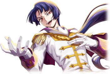 arnold_renck ascot blue_hair code_geass code_geass:_dakkan_no_roze code_geass:_lost_stories epaulettes f4samurai gloves highres jacket long_hair military_uniform official_art open_mouth orange_eyes smile teeth white_ascot white_gloves white_jacket