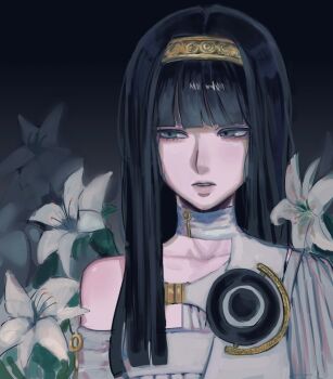 1girl black_eyes black_hair blunt_bangs dress eyelashes flower gloves gnosia hair_between_eyes hairband highres hime_cut leotab12 long_hair looking_at_viewer simple_background solo straight_hair upper_body white_dress white_gloves yuriko_(gnosia)