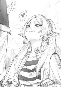 Rule 34 | 1boy, 1girl, absurdres, blush, breasts, bulge, closed mouth, commentary, elf, english commentary, fkscrashing, frieren, greyscale, heart, highres, himmel (sousou no frieren), monochrome, pointy ears, signature, small breasts, sousou no frieren, speech bubble, spoken heart, tongue, tongue out, twintails, upper body, very long ears