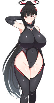 1girl arm_behind_head armpits black_gloves black_hair black_leotard black_thighhighs blue_archive blush breasts covered_navel elbow_gloves gloves hair_ornament halo high_ponytail highleg highleg_leotard huge_breasts itntn leotard long_hair ponytail red_eyes rio_(blue_archive) rio_(bodysuit)_(blue_archive) solo standing thighhighs very_long_hair white_background wide_hips
