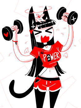 Rule 34 | > <, 1girl, andaerz, animal, animal ears, animal on head, black hair, black pantyhose, blunt bangs, blush, bracelet, breasts, cat ears, cat girl, cat girl (andaerz), cat tail, cellphone, crop top, cropped shirt, cross, cross hair ornament, detached wings, dolphin shorts, dumbbell, earbuds, earphones, english text, exercising, hair ornament, halo, heart, heart hair ornament, highres, holding, holding dumbbell, jewelry, large ears, limited palette, long hair, medium breasts, midriff, mouse (animal), navel, on head, original, pantyhose, pantyhose under shorts, phone, red shirt, red shorts, shirt, shorts, smartphone, smartphone in legwear, sweat, tail, wings