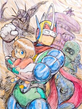 1girl 1other 5boys alpha_yuuseijin armor artist_name black_bravo blue_eyes bravoman bravoman's_daughter bravoman_(series) brown_hair carrying carrying_person child closed_mouth commentary dated dr._bakuda father_and_daughter gloves goggles heika_(heikahp) helmet kaname_(bravoman) komusou_(bravoman) mask multiple_boys pink_sweater red_scarf robot scarf short_hair standing sunglasses sweater totem traditional_media ugou_401 white_gloves