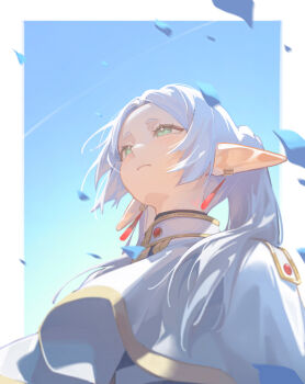 1girl absurdres blue_petals blue_sky capelet commentary earrings elf english_commentary expressionless falling_petals frieren gold_trim green_eyes hair_over_shoulder highres jewelry long_pointy_ears meme midori_fufu parted_bangs petals pointy_ears shirt short_eyebrows sky solo sousou_no_frieren striped_clothes striped_shirt teardrop_earrings thick_eyebrows twintails upper_body upward_angle_frieren_drawing_(meme) white_capelet white_hair