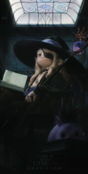 1girl 2025 absurdres behemoth_(final_fantasy) black_coat black_hat black_mage_(final_fantasy) blonde_hair book bookshelf chest_strap choker closed_mouth coat commission dated eyepatch final_fantasy final_fantasy_xiv hat highres holding holding_book holding_staff indoors jewelry lalafell large_hat library long_hair mage_staff multiple_rings open_book pointy_ears red_eyes ring shacoco sidelocks skylight staff warrior_of_light_(ff14) watermark witch_hat