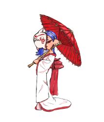 Rule 34 | 1girl, alternate costume, blue hair, commentary request, earrings, full body, hairband, highres, holding, holding umbrella, japanese clothes, jewelry, long hair, looking at viewer, mask, moromi (kscd4482), multiple earrings, nintendo, octoling, oil-paper umbrella, red eyes, red trim, shiver (splatoon), simple background, solo, splatoon (series), standing, tentacle hair, tooth earrings, umbrella, white background, white hairband