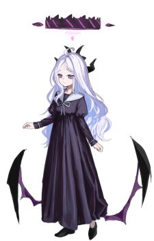 1girl ahoge black_halo blue_archive breasts demon_girl demon_horns demon_wings full_body halo highres hina_(blue_archive) horns low_wings mano_eglu purple_eyes simple_background small_breasts solo standing white_background wings