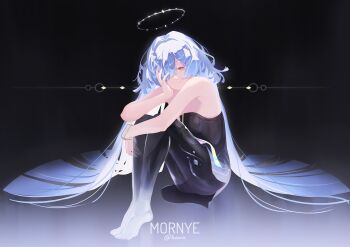 1girl absurdres artist_name bare_shoulders barefoot breasts character_name closed_mouth colored_eyelashes commentary dark_background dress feet gradient_background grey_hair hair_over_one_eye halo hand_on_own_face highres hoavu knees_up legs_together light_smile long_hair looking_at_viewer medium_breasts mornye_(wuthering_waves) no_jacket purple_background purple_dress red_eyes see-through_body sitting solo toes very_long_hair wuthering_waves