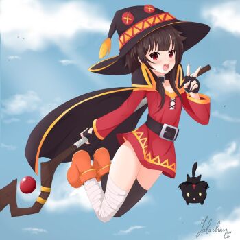 bandaged_leg bandages belt black_hair blue_sky blush cape chomusuke cloud cloudy_sky collar commentary day dress english_commentary eyepatch fingerless_gloves flying gloves hat highres kono_subarashii_sekai_ni_shukufuku_wo! lalachan208 megumin open_mouth outdoors red_dress red_eyes sarashi short_hair single_thighhigh sky staff thighhighs witch_hat zettai_ryouiki