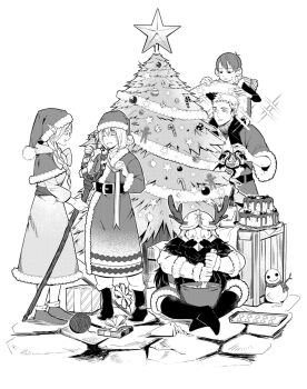 2girls 3boys ambrosia_(dungeon_meshi) baking_sheet beard boots bowl box braid cake candy candy_cane capelet carrying chilchuck_tims christmas_tree closed_eyes commentary_request dress dungeon_meshi facial_hair fake_antlers falin_touden falin_touden_(tallman) food fur-trimmed_capelet fur-trimmed_dress fur_trim gift gingerbread_man greyscale hat helmet highres holding holding_staff laios_touden marcille_donato mixing mixing_bowl monochrome multiple_boys multiple_girls pastry_bag pointy_ears r.n santa_costume santa_dress santa_hat scarf senshi_(dungeon_meshi) shoulder_carry sparkle sparkling_aura staff star_(symbol) turtleneck yarn yarn_ball