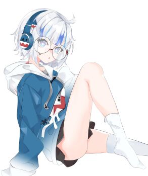 Rule 34 | 1girl, :o, absurdres, ahoge, animal costume, arm support, asymmetrical legwear, berrychan00, black shorts, blue eyes, blue hair, blue hoodie, blunt bangs, bright pupils, commentary, drawstring, english commentary, foot out of frame, gawr gura, gawr gura (1st costume), glasses, hair ornament, headphones, highres, hololive, hololive english, hood, hoodie, knee up, legs, long sleeves, looking at viewer, multicolored hair, no shoes, no tail, parted lips, shark costume, shark hair ornament, short hair, short shorts, shorts, simple background, sitting, sleeves past fingers, sleeves past wrists, socks, solo, streaked hair, thighhighs, uneven legwear, virtual youtuber, white background, white hair, white hood, white pupils, white socks, white thighhighs