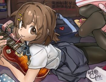 bag black_socks collared_shirt food girutea guitar hair_ornament hirasawa_yui instrument japanese_text k-on! pocky pocky_strawberry school_uniform shirt short_hair signature skirt socks
