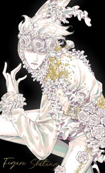 1boy alternate_costume bishounen black_background braid closed_mouth colored_skin english_text flower frilled_shirt frilled_sleeves frills gem giorno_giovanna grey_eyes hand_up hashtag-only_commentary highres jojo_no_kimyou_na_bouken long_sleeves looking_at_viewer male_focus pants rose shirt single_braid solo vento_aureo victory_rolls white_flower white_hair white_pants white_rose white_shirt white_skin white_theme yellow_gemstone zhhy3324