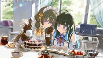 Rule 34 | >:), 2girls, ahoge, apron, assault lily, bare shoulders, black hair, black ribbon, blue eyes, blue flower, blue hair, blueberry, blunt bangs, blush, book, bowl, breasts, brown gloves, buttons, cake, cleavage, clenched hand, closed mouth, collared dress, collared shirt, commentary request, cooking, copyright notice, cup, curtains, day, detached sleeves, dress, elbow gloves, fingernails, flower, food, frilled apron, frilled shirt, frilled shirt collar, frilled sleeves, frilled wrist cuffs, frills, fruit, gloves, gradient hair, green hair, hair between eyes, hair flower, hair ornament, hands up, heads together, highres, holding, holding pastry bag, icing, indoors, jar, kitchen, leaning forward, lemon, lemon slice, lens flare, light particles, long hair, looking at food, maid, maid headdress, medium breasts, microwave, mixing bowl, mozuna noa, multicolored hair, multiple girls, neck ribbon, official alternate costume, official art, one side up, open book, parted lips, pastry bag, puffy short sleeves, puffy sleeves, purple eyes, purple ribbon, ribbon, school uniform, see-through clothes, see-through curtains, shirt, short sleeves, sleeve ribbon, sleeveless, sleeveless shirt, sparkle, standing, strawberry, strawberry cake, sunlight, suspenders, table, tamon ketsuyuki, teapot, tree, two-tone dress, two-tone hair, upper body, v-shaped eyebrows, white apron, white dress, white ribbon, white shirt, window, wrist cuffs, yamanashi hibari, yellow ribbon, yurigaoka girls academy school uniform