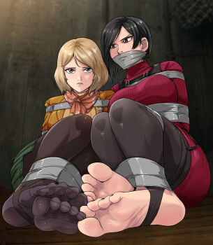2girls ada_wong ashley_graham barefoot black_hair blonde_hair boots bound feet gag green_skirt high_heel_boots high_heels highres improvised_gag looking_at_viewer lost_one_zero multiple_girls pantyhose peril resident_evil resident_evil_village restrained short_hair skirt soles tape tape_bondage tape_gag toes