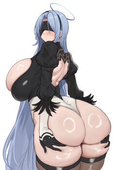 1girl 2b_(nier:automata) 2b_(nier:automata)_(cosplay) absurdres alsace_(azur_lane) ass azur_lane blindfold blue_hair blush breasts commentary_request cosplay curvy erufura from_behind gloves halo hands_on_own_ass highres huge_breasts leotard long_hair nier:automata nier_(series) ring_light_reflection simple_background solo thighhighs thong_leotard white_background