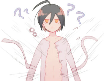 1boy ? ?? ahoge arm_belt bare_pectorals belt black_hair chain closed_mouth collarbone cosplay danganronpa_(series) danganronpa_v3:_killing_harmony hair_between_eyes jacket long_eyelashes long_sleeves male_focus motion_lines navel oma_kokichi oma_kokichi_(cosplay) open_belt open_clothes open_jacket pectorals saihara_shuichi sakura_(fein5862817) short_hair simple_background solo straight-on unamused undersized_clothes upper_body white_background white_belt white_jacket yellow_eyes