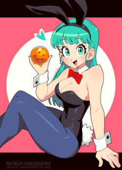 1girl animal_ears aqua_eyes aqua_hair bare_shoulders black_leotard blue_pantyhose breasts bulma cleavage dragon_ball dragon_ball_(classic) dragon_ball_(object) fake_animal_ears fake_tail holding large_breasts leotard long_hair official_alternate_costume pantyhose pink_background playboy_bunny qewie rabbit_ears rabbit_tail simple_background sitting smile solo strapless strapless_leotard tail