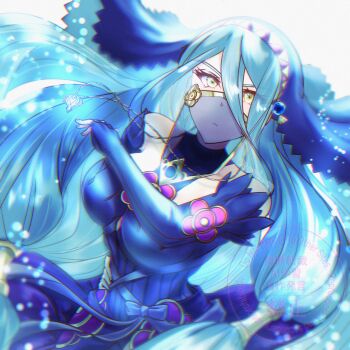1girl azura_(fire_emblem) azura_(lady_of_ballads)_(fire_emblem) bare_shoulders black_dress breasts dancer dancing detached_sleeves double-parted_bangs dress elbow_gloves fingerless_gloves fire_emblem fire_emblem_fates floating_hair frown gloves hair_between_eyes highres jewelry large_breasts long_hair looking_at_viewer mouth_veil nintendo pendant ponpoko89 see-through_clothes see-through_veil solo twintails upper_body veil yellow_eyes