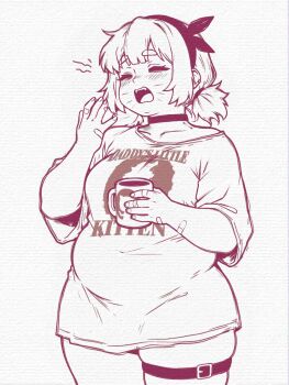 1girl arknights bandaid bandaid_on_arm blush caffichai choker closed_eyes clothes_writing collarbone commentary cowboy_shot cup english_commentary english_text facial_mark github hairband highres holding holding_cup octocat pudding_(arknights) shirt short_sleeves short_twintails simple_background solo t-shirt teeth thick_eyebrows thigh_strap twintails upper_teeth_only whisker_markings white_background yawning