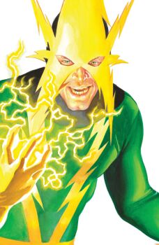 1boy absurdres alex_ross aqua_eyes bodysuit comic_cover cover cover_page electricity electro_(spider-man) electrokinesis gloves green_bodysuit highres lightning_bolt_print looking_at_hand looking_at_viewer male_focus marvel mask official_art open_mouth realistic solo spider-man_(series) teeth upper_body western_comics_(style) white_background yellow_gloves