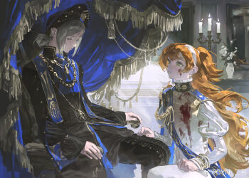 2girls absurdres alternate_costume alternate_universe ascot black_dress black_hat black_pants blood blood_on_clothes blood_on_face blue_ascot blue_sash candle candlestand chair closed_eyes dark_persona dress epaulettes erming225 feet_out_of_frame green_eyes grey_hair hair_bun hat highres indoors jacket juliet_sleeves long_hair long_sleeves looking_at_another missing_commentary multiple_girls on_chair orange_hair pants pants_under_dress profile puffy_sleeves reverse:1999 sash short_hair shoulder_sash single_side_bun sitting sonetto_(reverse:1999) two_side_up vase vertin_(reverse:1999) watermark weibo_watermark white_jacket white_pants