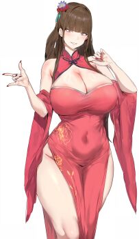 1girl absurdres blunt_bangs breasts brown_hair character_request china_dress chinese_clothes cleavage_cutout clothing_cutout covered_navel dress flower hair_flower hair_ornament highres large_breasts mousekkk no_panties red_nails sharp_nails solo thick_thighs thighs white_background xiuxian:_mu_zhu_chuan yellow_eyes