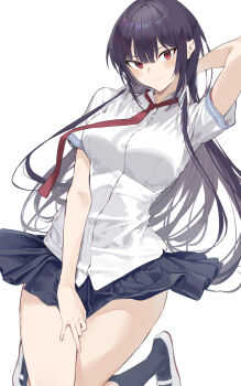 1girl arm_behind_back black_hair black_skirt black_socks breasts closed_mouth commentary_request haite_kudasai_takamine-san highres hiiragi_yuuichi large_breasts long_hair looking_at_viewer necktie pleated_skirt red_eyes red_necktie school_uniform shirt shoes short_sleeves simple_background skirt socks solo summer_uniform takamine_takane thighs uwabaki white_background white_shirt