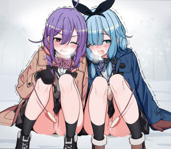 2girls absurdres anus aqua_eyes aqua_pupils arm_support bar_censor black_boots black_bow black_hairband black_mittens black_socks blue_coat blue_hair blush boots bow bow_hairband bowtie braid braided_twintails breath bright_pupils brown_boots brown_coat censored coat commentary_request diagonal-striped_bow diagonal-striped_bowtie diagonal-striped_clothes eyebrows_hidden_by_hair female_pubic_hair grey_skirt hair_bow hair_over_one_eye hair_over_shoulder hairband hand_on_own_knee highres knees_up long_bangs long_hair long_sleeves looking_at_viewer miniskirt mittens multicolored_hair multiple_girls no_panties one_eye_closed one_eye_covered open_clothes open_coat open_mouth original plaid_clothes plaid_skirt pleated_skirt pubic_hair purple_bow purple_bowtie purple_hair pussy pussy_juice pussy_juice_puddle pussy_juice_trail raised_inner_eyebrows red_eyes red_mittens school_uniform sitting skirt socks sparse_pubic_hair striped_bow striped_bowtie striped_clothes sweat tearing_up twintails urushiushiru variant_set wavy_mouth winter_clothes winter_coat