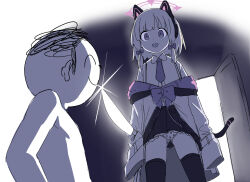 Rule 34 | 1boy, 1girl, aak, absurdres, animal ear headphones, animal ears, black skirt, black thighhighs, blue archive, bow, closed eyes, closed mouth, collared shirt, death momoi (meme), doodle sensei (blue archive), dress shirt, fake animal ears, glint, hair bow, halo, headphones, highres, holding, holding knife, jacket, knife, long sleeves, meme, momoi (blue archive), necktie, off shoulder, open mouth, panties, pleated skirt, polka dot, polka dot panties, profile, purple necktie, sensei (blue archive), shirt, sidelocks, skirt, sleeves past fingers, sleeves past wrists, smile, standing, tail, thighhighs, underwear, white jacket, white shirt