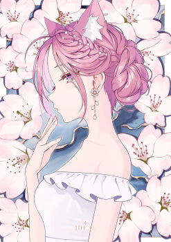 Rule 34 | 1girl, ahoge, animal ear fluff, animal ears, asymmetrical bangs, bare shoulders, braid, breasts, cherry blossoms, collarbone, commentary request, dress, earrings, english text, expressionless, floral background, flower earrings, from side, hair bun, half up braid, hand to own mouth, highres, jewelry, looking at viewer, looking to the side, lows., mixed-language commentary, off-shoulder dress, off shoulder, original, parted lips, pearl hair ornament, pink eyes, pink hair, pink nails, ruka (lows.), short sleeves, single hair bun, small breasts, solo, upper body, white dress