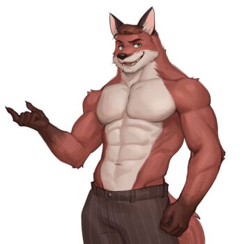1boy abs absurdres animal_ears brown_pants commentary echo_project english_commentary fangs fox_boy fox_ears fox_tail furry furry_male green_eyes highres looking_at_viewer male_focus murdoch_byrnes_(the_smoke_room) muscular muscular_male open_mouth pants pectorals pinstripe_pants pinstripe_pattern smile tail the_smoke_room tigre_(raytig12) topless_male whiskers white_background