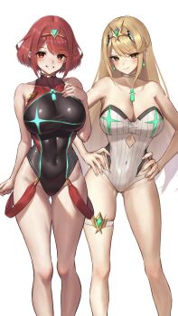 2girls absurdres aqua_gemstone bare_shoulders black_one-piece_swimsuit blonde_hair blush breasts chest_jewel cleavage closed_mouth competition_swimsuit core_crystal_(xenoblade) covered_navel earrings flipped_bangs gem hakusai_(hksicabb) headpiece highres jewelry large_breasts long_hair looking_at_viewer multiple_girls mythra_(radiant_beach)_(xenoblade) mythra_(xenoblade) one-piece_swimsuit open_mouth pinstripe_one-piece_swimsuit pyra_(pro_swimmer)_(xenoblade) pyra_(xenoblade) red_eyes red_hair red_one-piece_swimsuit ribbed_swimsuit short_hair simple_background smile strapless strapless_one-piece_swimsuit striped_clothes striped_one-piece_swimsuit swept_bangs swimsuit teeth thighs tiara two-tone_swimsuit vertical-striped_clothes vertical-striped_one-piece_swimsuit very_long_hair white_background white_one-piece_swimsuit xenoblade_chronicles_(series) xenoblade_chronicles_2 yellow_eyes