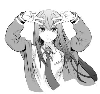 1girl arm_belt arms_up blush breast_pocket closed_mouth collared_shirt commentary_request cropped_torso double_v dress_shirt eibon frown greyscale hair_between_eyes hair_over_shoulder jacket jacket_partially_removed long_hair long_sleeves looking_at_viewer makise_kurisu monochrome necktie open_clothes pocket red_necktie science_adventure shirt simple_background solo steins;gate upper_body v white_background