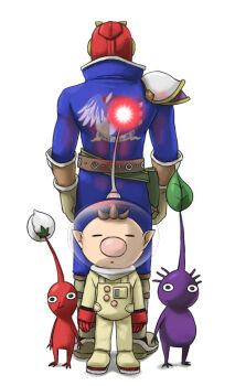 2boys animal_print armor back-to-back belt belt_bag big_nose bird_print black_eyes blue_jacket blue_sleeves boots bracer brown_belt brown_footwear brown_hair bud buttons captain_falcon closed_eyes collared_jacket colored_skin commentary_request crossed_belts expressionless f-zero from_behind gloves green_bag green_belt height_difference helmet high_collar jacket knee_boots leaf long_sleeves looking_at_viewer male_focus multiple_boys naru_(wish_field) nintendo no_mouth olimar parted_lips pauldrons pikmin_(creature) pikmin_(series) pointy_ears pointy_nose purple_hair purple_pikmin purple_skin radio_antenna red_gloves red_headwear red_light red_pikmin red_skin shadow short_hair shoulder_armor simple_background single_pauldron space_helmet spacesuit straight-on studded_belt super_smash_bros. very_short_hair white_background yellow_gloves