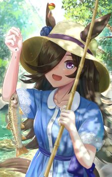 1girl animal animal_ears black_hair blue_dress blush commentary_request dress ears_through_headwear fish fish_request fishing_rod fusou_(fuso0205) hair_over_one_eye highres holding holding_animal holding_fishing_rod horse_ears horse_girl looking_at_viewer open_mouth purple_eyes rice_shower_(umamusume) short_sleeves solo umamusume