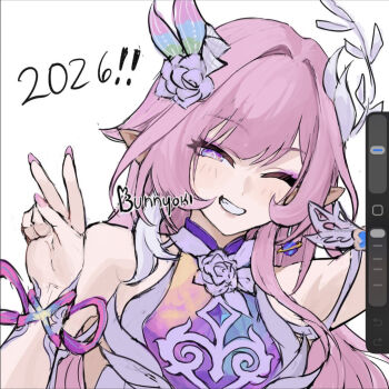 1girl 2026 art_program_in_frame breasts bunnyoki cyrene_(demiurge)_(honkai:_star_rail) cyrene_(honkai:_star_rail) dress earrings flower hair_flower hair_ornament hashtag-only_commentary honkai:_star_rail honkai_(series) jewelry long_hair looking_at_viewer medium_breasts multicolored_hair pink_hair pointy_ears purple_eyes simple_background smile solo two-tone_hair upper_body v very_long_hair white_background white_dress white_hair