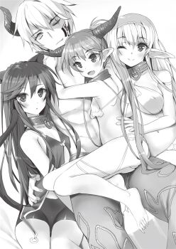 1boy 3girls :o abs animal_ear_fluff animal_ears bare_shoulders barefoot blush breasts cat_ears cat_girl cat_tail cleavage closed_mouth collar collarbone covered_erect_nipples demon_horns diablo_(isekai_maou) elf fang feet_out_of_frame flat_chest full_body greyscale hair_between_eyes hairband halterneck harem_outfit highres horns hug isekai_maou_to_shoukan_shoujo_no_dorei_majutsu krebskrum large_breasts long_hair long_sidelocks metal_collar monochrome multiple_girls muscular muscular_male navel novel_illustration official_art on_bed one_eye_closed open_mouth pants pectorals pointy_ears rem_galeu revealing_clothes shera_l._greenwood short_hair sidelocks simple_background sitting sitting_on_person skin_fang sling_bikini_top small_breasts smile tail third-party_source topless_male tsurusaki_takahiro twintails underwear