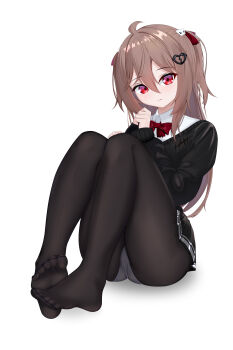 1girl absurdres ahoge black_cardigan black_skirt black_thighhighs bow bowtie broken_heart broken_heart_hair_ornament brown_hair cardigan closed_mouth commentary_request dcmec dress_shirt evil_neuro-sama feet from_side full_body hair_between_eyes hair_ornament hair_ribbon heart highres long_hair long_sleeves looking_at_viewer miniskirt neuro-sama panties pleated_skirt red_bow red_bowtie red_eyes red_ribbon ribbon shirt sitting skirt skull_hair_ornament solo thighhighs two_side_up underwear vedal_ai virtual_youtuber white_panties white_shirt