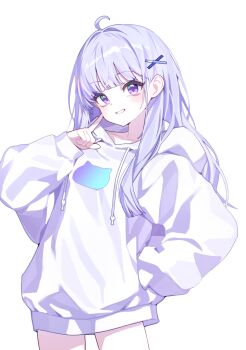 Rule 34 | 1girl, absurdres, ayatsuno yuni, cowboy shot, drawstring, finger to cheek, grin, hair ornament, hair over shoulder, hand in pocket, hand up, hashtag-only commentary, highres, hood, hoodie, index finger raised, long hair, long sleeves, looking at viewer, no pants, print hoodie, purple eyes, simple background, smile, solo, standing, stellive, straight hair, virtual youtuber, white background, white hoodie, x hair ornament, yioro