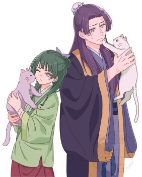 Rule 34 | 1boy, 1girl, animal, beads, black robe, blue eyes, blue ribbon, blunt bangs, bun cover, cat, chinese clothes, commentary request, cowboy shot, frown, furrowed brow, green hair, green shirt, hair beads, hair bun, hair ornament, hair ribbon, half updo, highres, holding, holding animal, holding cat, jinshi (kusuriya no hitorigoto), koharusame, kusuriya no hitorigoto, licking, licking another's face, long hair, maomao (kusuriya no hitorigoto), one eye closed, parted bangs, purple eyes, purple hair, red skirt, ribbon, robe, shirt, skirt, sweatdrop, white background, wide sleeves