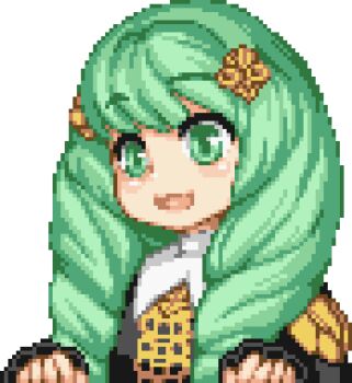 Rule 34 | 1girl, blush stickers, clenched hand, drill hair, fire emblem, fire emblem: three houses, flayn (fire emblem), garreg mach monastery uniform, green eyes, green hair, lowres, nenerune, nintendo, open mouth, pixel art, portrait, twin drills