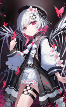 1girl absurdres belt beret black_background black_belt black_dress black_hat bug butterfly butterfly_on_hand cherry_blossoms commentary_request cowboy_shot dress empty_eyes flower hair_flower hair_ornament hand_up hat highres insect long_sleeves looking_at_viewer mahou_shoujo_no_majo_saiban multicolored_hair neck_ribbon o-ring o-ring_thigh_strap parted_lips pink_eyes pink_hair red_butterfly ribbon sakuraba_ema shirt short_hair shorts skeletal_wings solo spoilers standing thigh_strap white_flower white_hair white_ribbon white_shirt white_shorts wings witch_(manosaba) x_hair_ornament ye_yemail
