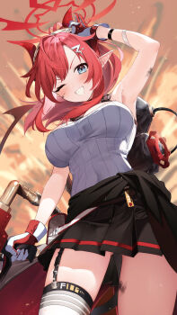 Rule 34 | 1girl, arm up, black skirt, blue archive, blue eyes, blush, clothes around waist, demon horns, demon tail, explosion, flamethrower, from below, gas tank, gloves, goggles, goggles on head, grin, hair ornament, hairclip, halo, highres, holding, holding flamethrower, holding weapon, horns, jacket, jacket around waist, legwear garter, looking at viewer, medium hair, megu (blue archive), nokke o, one eye closed, pleated skirt, pointy ears, red gloves, red hair, red horns, skirt, smile, solo, tail, tank top, two-tone gloves, weapon, white gloves