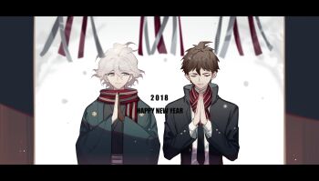 2018 2boys ahoge black_jacket black_kimono black_necktie brown_gloves brown_hair buttons closed_eyes closed_mouth coattails collared_jacket commentary danganronpa_(series) danganronpa_2:_goodbye_despair day english_text gloves green_eyes green_jacket hair_between_eyes haori happy_new_year high_collar highres hinata_hajime jacket japanese_clothes kimono komaeda_nagito layered_sleeves letterboxed light_smile long_sleeves looking_at_another looking_to_the_side male_focus messy_hair multiple_boys necktie new_year open_clothes open_jacket outdoors own_hands_together praying red_scarf sash scarf shirt short_hair shrine single_glove snowing straight-on striped_clothes striped_scarf symbol-only_commentary tree unagi_(nakaelric) upper_body waist_sash white_hair white_sash white_shirt wide_sleeves winter