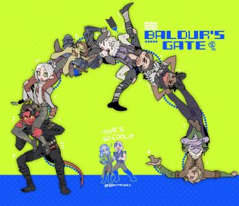 Rule 34 | > <, 5boys, 5girls, :o, ;d, absurdres, astarion, baldur's gate, baldur's gate 3, biantaishi1, black footwear, black jacket, black pants, brown footwear, brown hair, carrying, colored skin, copyright name, demon girl, demon horns, demon tail, elf, english text, everyone, frown, full body, gale (baldur's gate), gith (dungeons &amp; dragons), green background, green eyes, green skin, halsin, highres, horns, human tower, jacket, jaheira, karlach, lae'zel, minsc, minthara, multiple boys, multiple girls, notice lines, one eye closed, open mouth, pants, pointy ears, purple skin, red eyes, red skin, shadowheart (baldur's gate), sharp teeth, shoulder carry, simple background, slit pupils, smile, sparkle, stacking, standing, tail, teeth, tiefling, trembling, twitter username, two-tone background, white hair, wyll (baldur's gate), yellow eyes