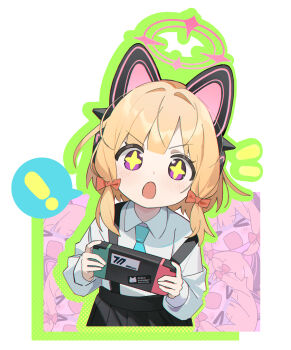 ! &gt;_&lt; +_+ 1girl animal_ear_headphones animal_ears black_skirt blonde_hair blue_archive blue_necktie blush bow cat_ear_headphones cat_ears character_background collared_shirt commentary fake_animal_ears green_outline hair_bow halo handheld_game_console headphones highres holding holding_handheld_game_console long_sleeves looking_at_viewer low-tied_sidelocks momoi_(blue_archive) necktie nintendo_switch no_jacket notice_lines og-pogg open_mouth outline parted_bangs pink_background pink_halo pleated_skirt purple_eyes red_bow shirt short_hair sidelocks skirt solo speech_bubble spoken_exclamation_mark suspender_skirt suspenders suspenders_slip tareme upper_body v-shaped_eyebrows white_background white_shirt